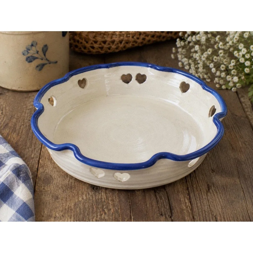 Heart Cutout Pie Plate Blue Rim Signed Studio Pottery